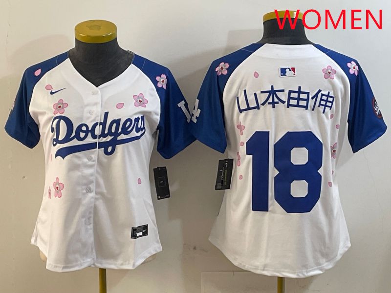 Women Los Angeles Dodgers #18 Yamamoto White Blue Sakura Edition 2025 Nike MLB Jersey style 10->women mlb jersey->Women Jersey